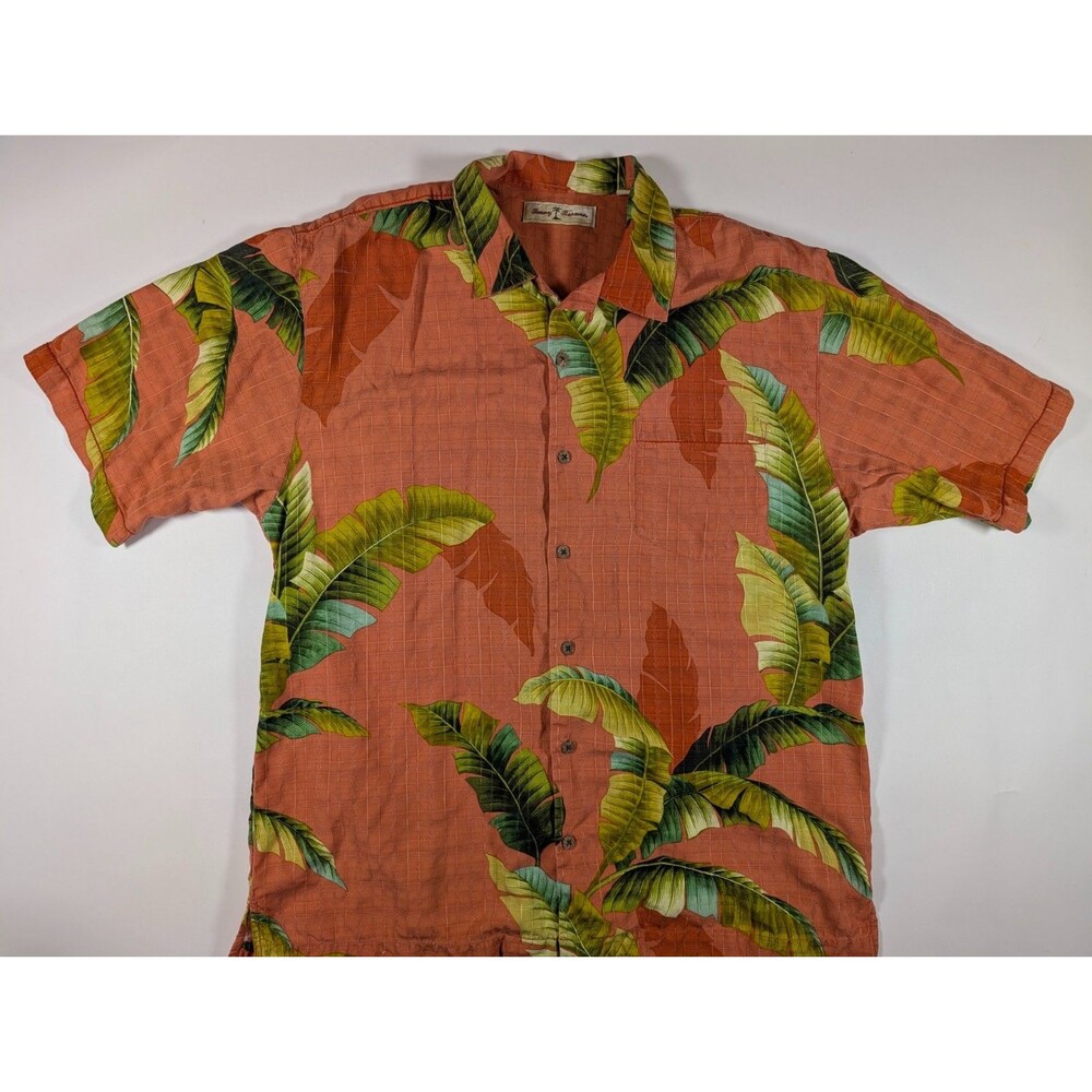 Tommy Bahama Button Up Camp Shirt Mens L Orange Silk Palm Tree Beach Hawaiian